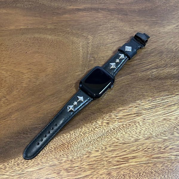 最高級イタリアンオイルレザー仕立て Apple Watch専用スタッズストラップ / ブラック