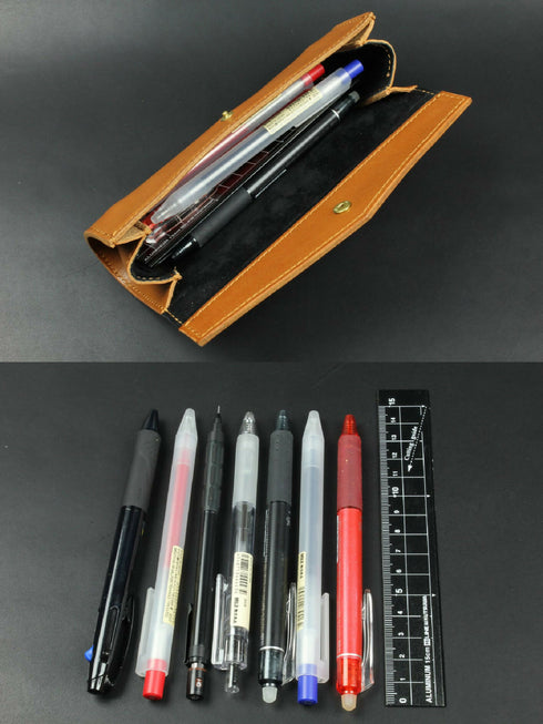 ペン約7本と15cm定規を収納可能。日常使いに必要な筆記具をまとめて持ち歩けます。