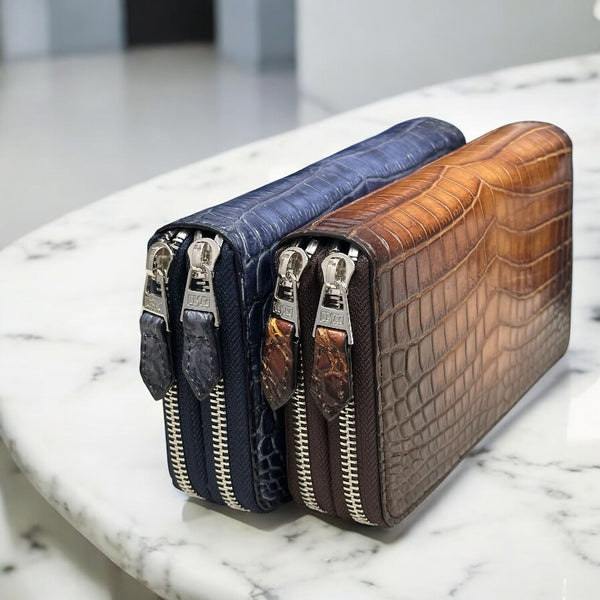 Hand-Dyed Patina Crocodile Double-Zip Long Wallet